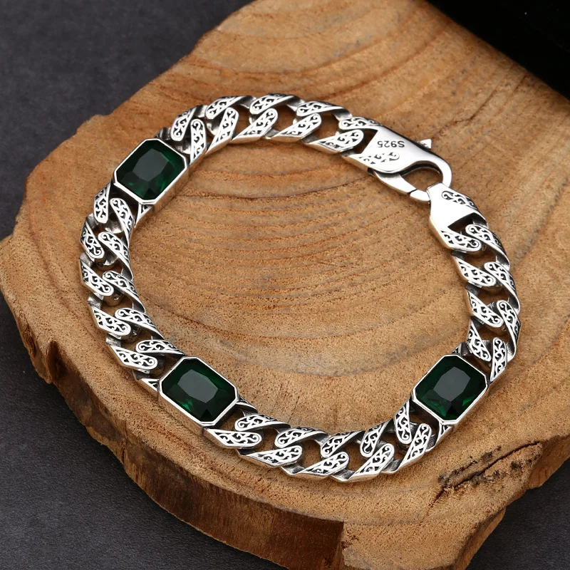 925 Sterling Unisex Cuban Bracelet With Stone Inlay And Ancient Grass Pattern, Thai Silver Vintage Jewelry