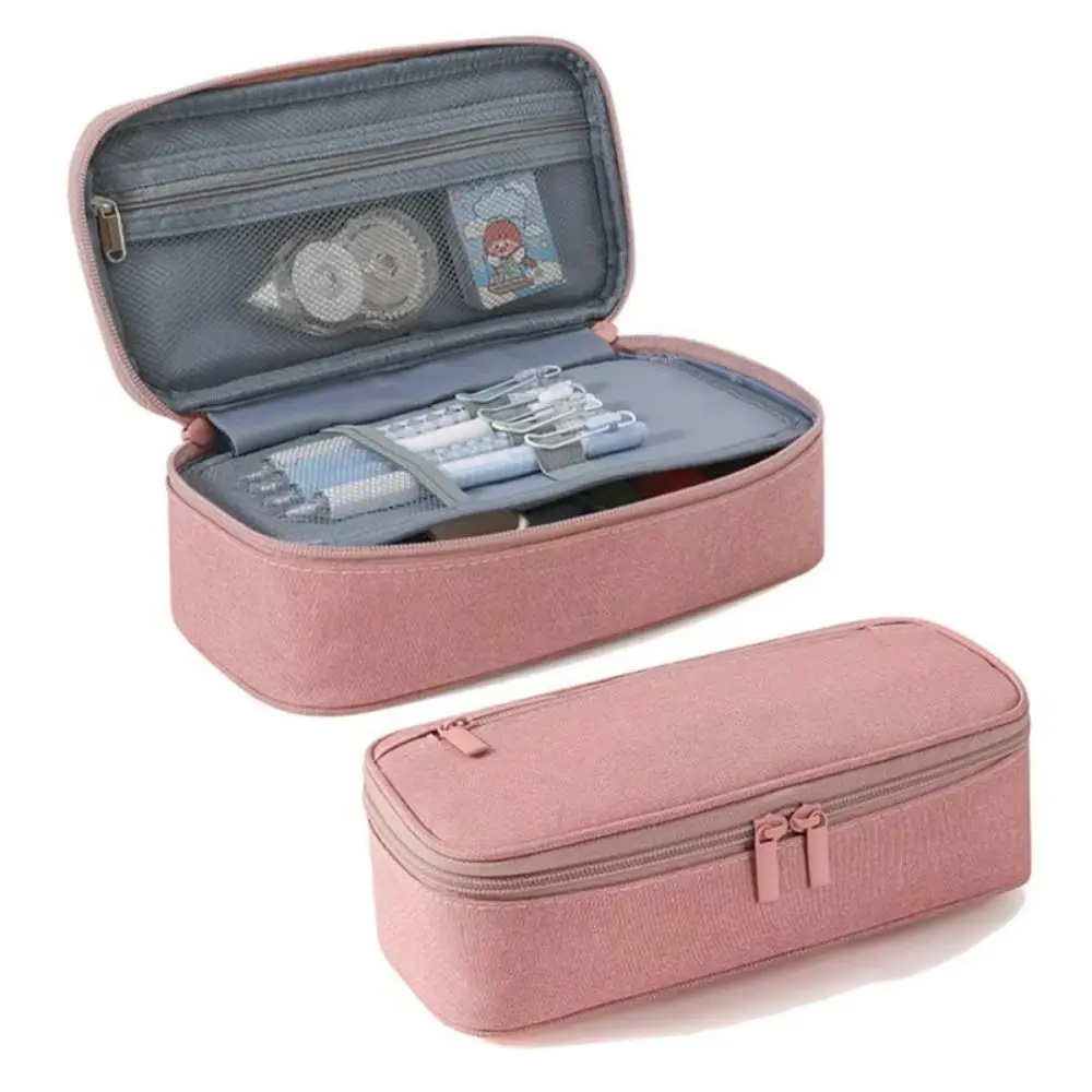 Simple Large Capacity Student Stationary Boxes 2 Layer Double Zipper Pen Bag Washable Wear-resistant Pencil Case Students