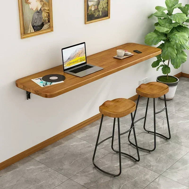 

Wall Hanging Solid Wood Folding Bar Table – Simple Iron Triangle Bracket, Practical Laptop Desk, and Space-saving Workstation.