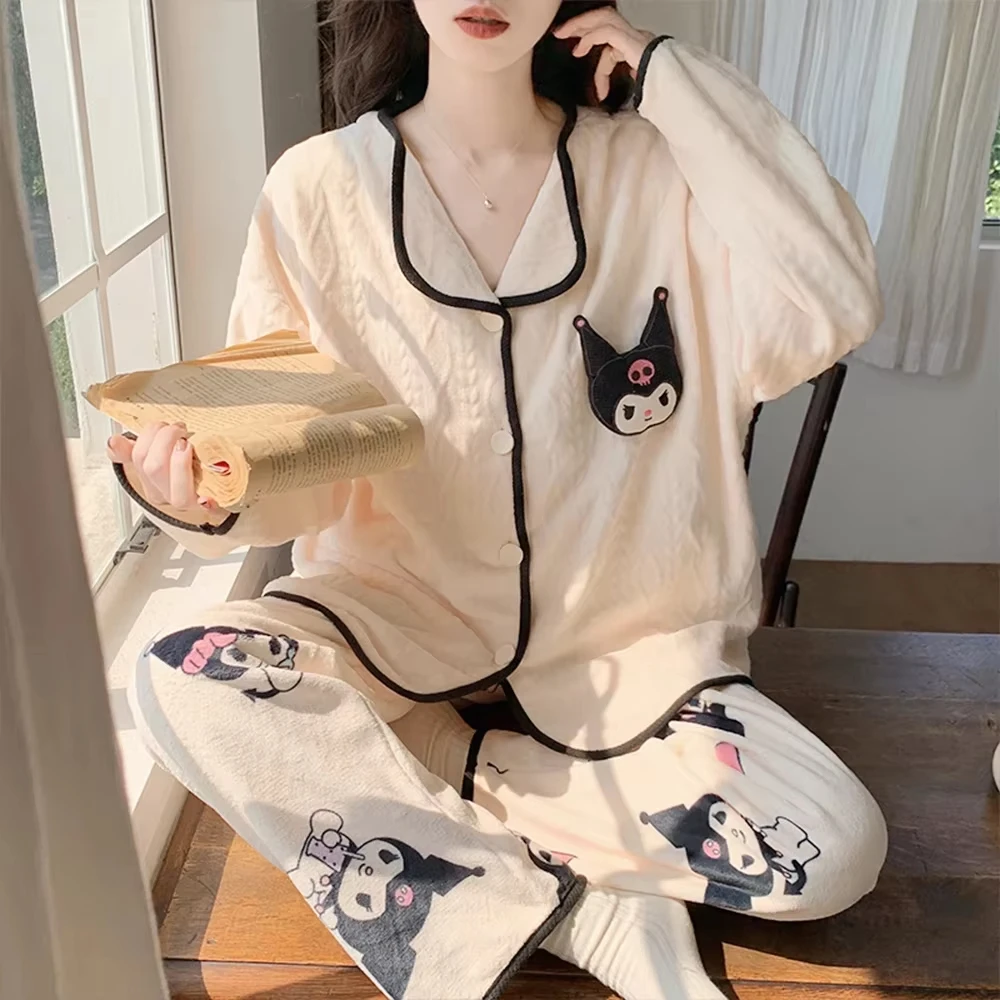 

Cinnamoroll Anime Kuromi Plush Pajamas Set Pochacco Sanrio Women Long Sleeves Lapel Anime Kawaii Cute Girls Tops Pants Homewear