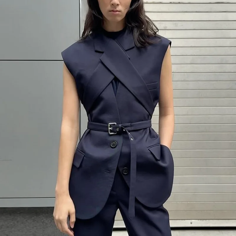 

Женский модный пиджак без рукавов, однотонные сращенные ремни, утягивающие европейско-американские летние новые модные популярные костюмы пиджа