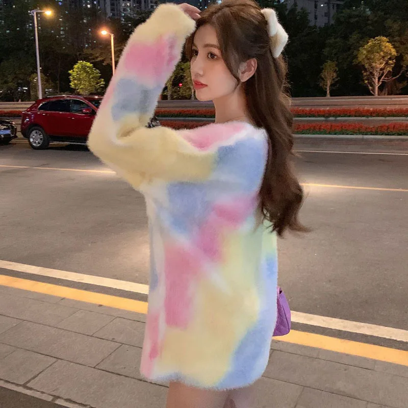 Imitation Mink Cashmere Sweater Women Outside Wear Sweet Warm Loose Base Knitwear 2025 New Autumn Winter Gradient Sweater Jacket