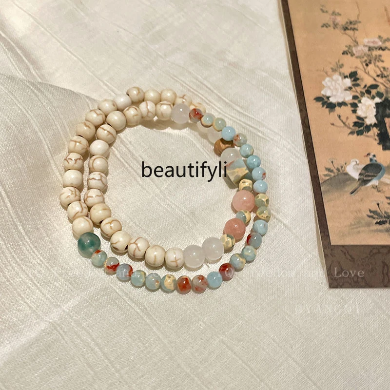 Colorful Natural Stone Colored Glaze Beaded Bracelet New High Sense Twin Bracelet Chinese Style Traditional Exquisite Bracelet