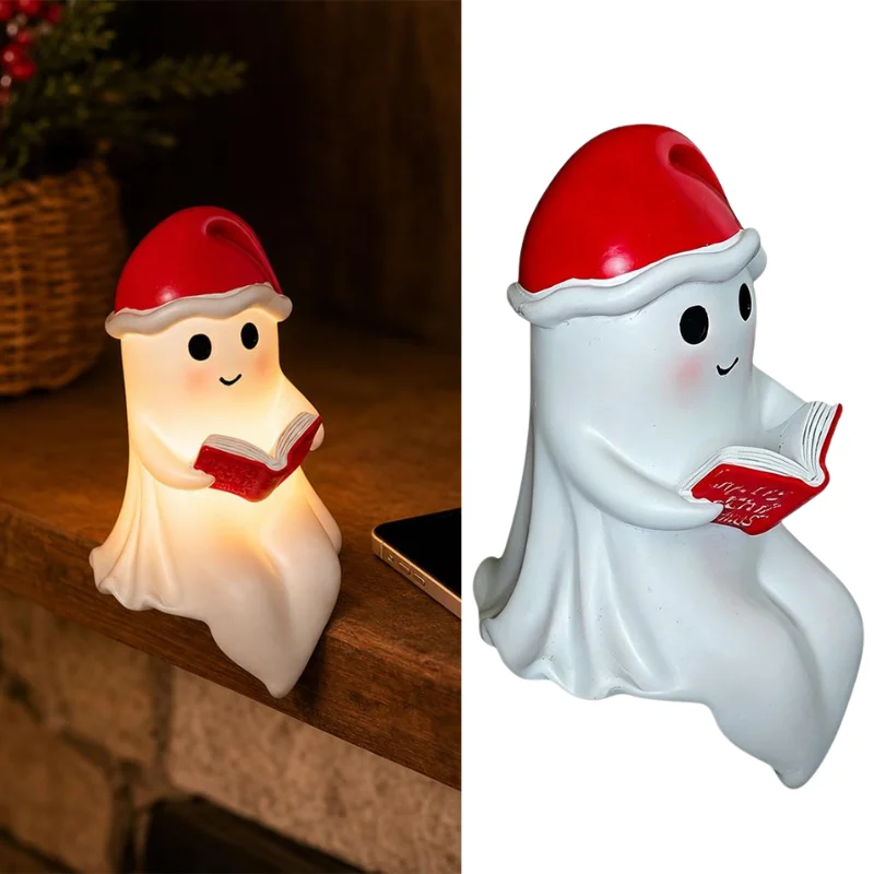 Christmas Ghost Reading Book Figurine LED Night Light With Santa Hat Resin Statue Warm Glow Lamp Holiday Home Table Decor