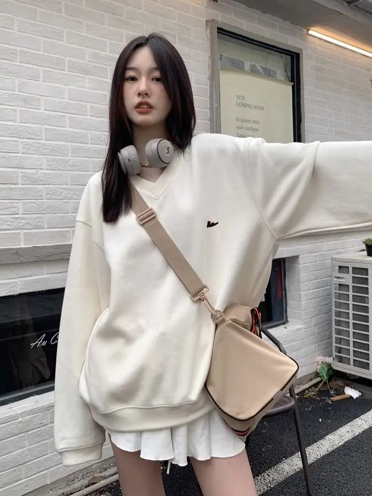 HOUZHOU Korean Hippie Chic Gray Sweatshirts Women Y2K Japanese Style Oversize Beige Hoodies Female Kpop Loose Long Sleeve Tops