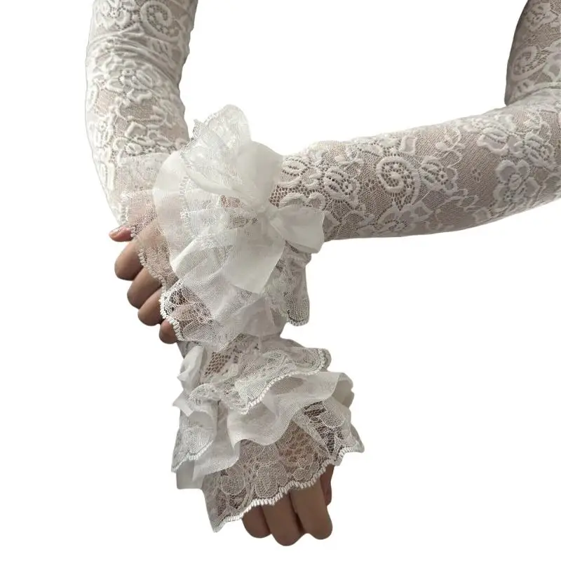 1 Paar schwarze Gothic-Ärmelstulpen für Damen, elastisch, lange Ärmel, Lolita JK, Spitze, fingerlose Handschuhe, Kleidungsdekoration – Detail 8