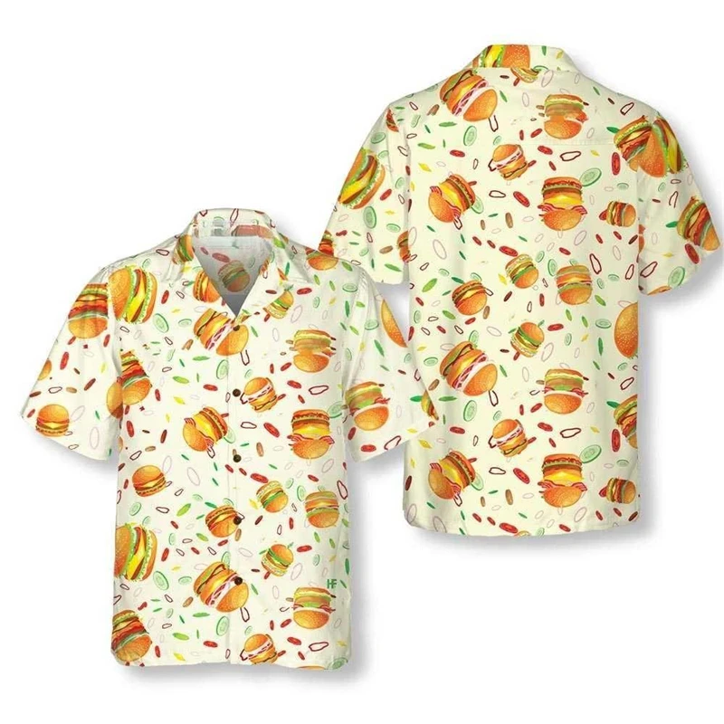 Food Hamburger Graphic Shirts For Men Clothes Casual Hawaiian Burger Beach Shirt Aloha Hip Hop Short Sleeve Vacation Blouses Top