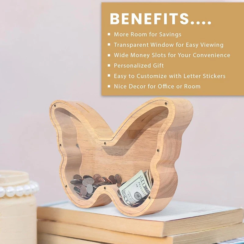 Butterfly Shaped Piggy Bank Wooden Coin Money Saving Box Jar Coins Storage Box Desktop Ornament Home Decor Craft Xmas Gift