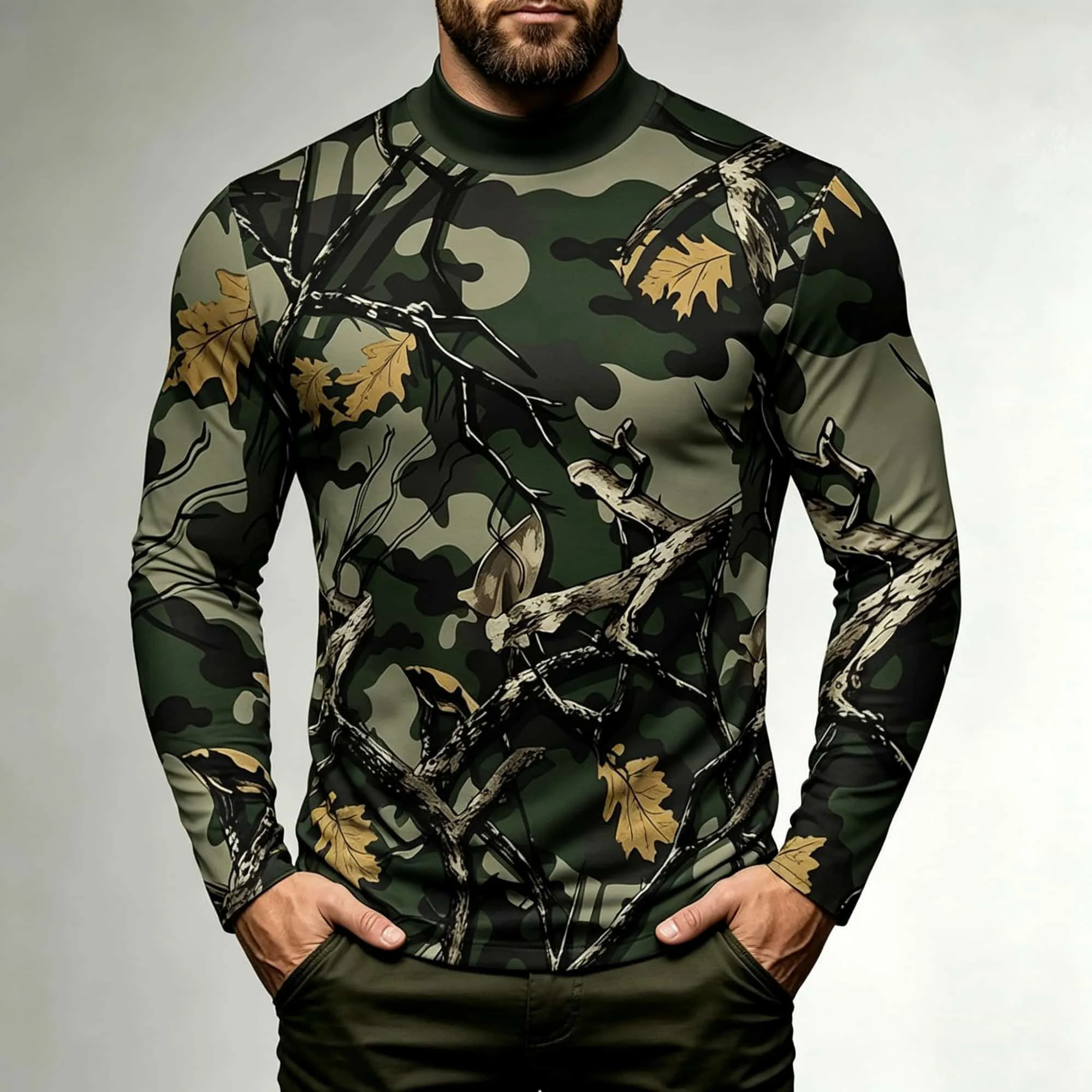 Breathable Polyester Mock Neck Long Sleeve Tee for Men Camouflage Tree Branch Full Print Pullover Outdoor Casual Daily Shirts