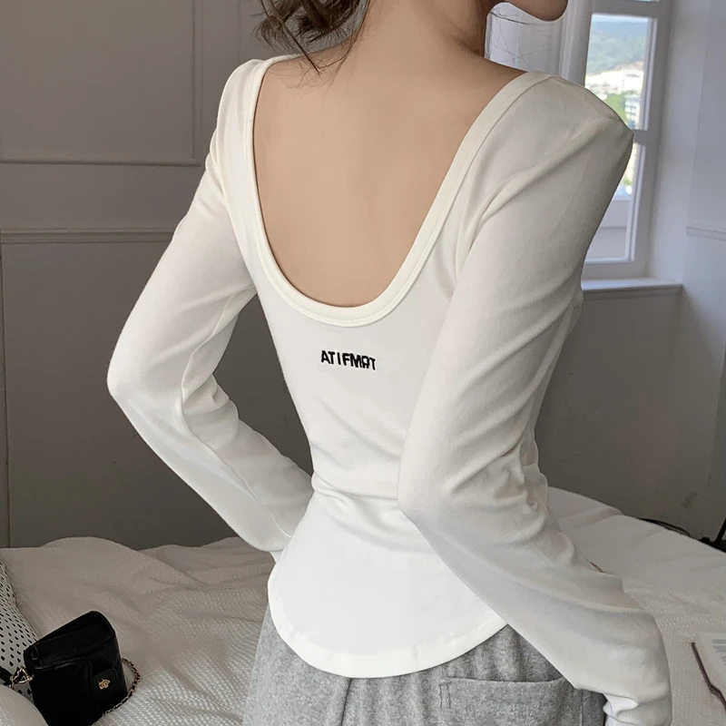 

2023 Autumn for Women Crop Tops Korean Style Retro Irregular Screw Thread T-Shirt Knitting Long-sleeved Elastic Tee Shirt