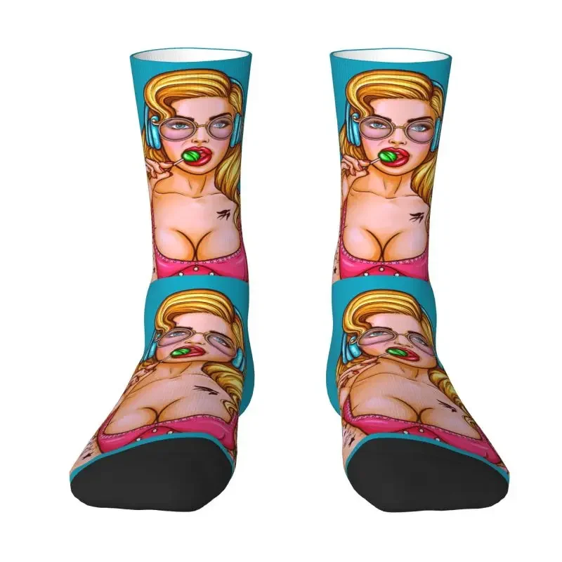 Cool Printed Pop Art Sexy Girl Sucks Lollipop Socks for Men Women Stretchy Summer Autumn Winter Fashion Cartoon Lady Crew Socks