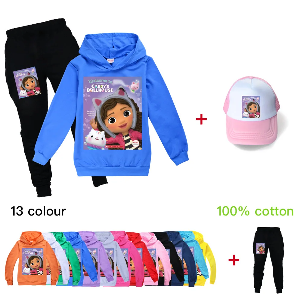 

Fall Gabby's Dollhouse Children's Sweater Gabby Cats Boys Hoodies Pants Set Teens Boy Tshirt And pants+Sun hat kids Clothes Suit