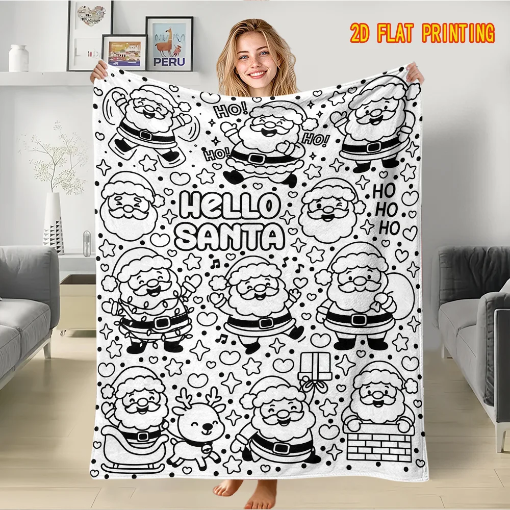 1pc DIY Coloring Stress-Relief Hand-drawn Blanket, Santa Claus Fleece Throw with Multiple Poses, Reindeer, Sleigh, Gift Boxes