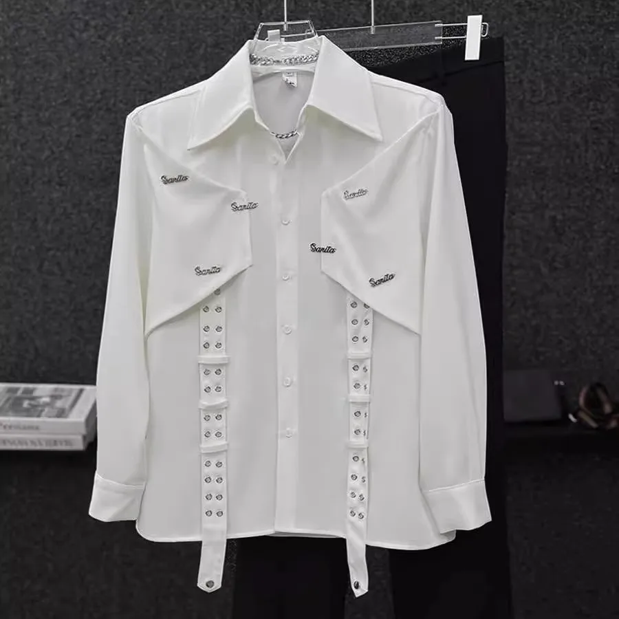 

2025 New Men's Loose Long Sleeve Shirt with Chain Strap Design Breathable Youth Fashion Workwear Standard Fit Pure Color