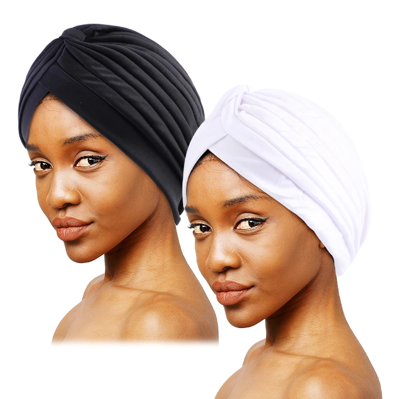 2 stücke Knoten Crinkle Turban Kappe schwarz & dunkelblau Headwrap elastischen Kopftuch leichte Motorhaube Chemo Kappe – Detail 7