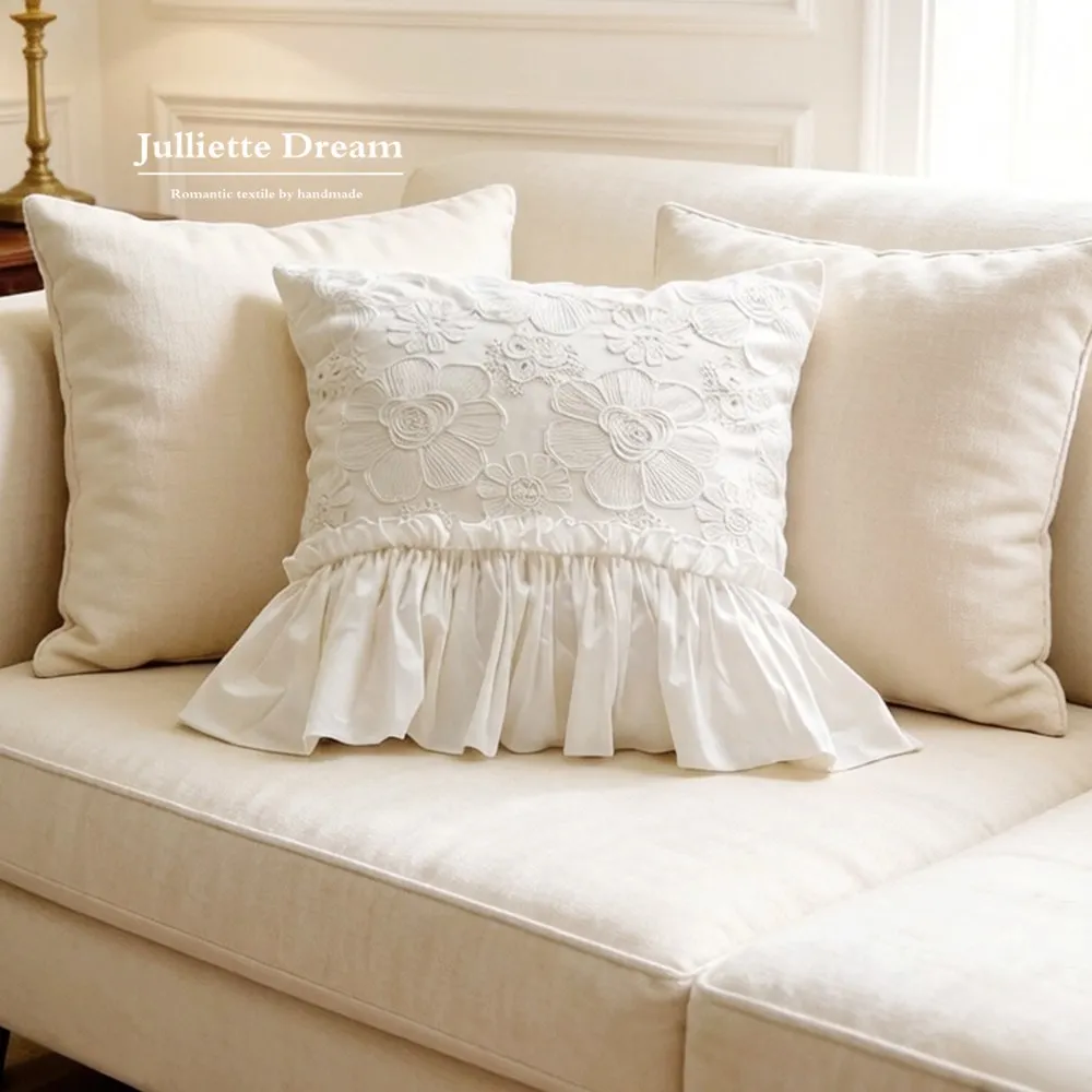 Farmhouse Decor Pillowcase , Romantic Lace Ruffle Skirt Decorative Pillow Cover ,Cotton Throw Pillow Covers for Sofa, Bed, Couch