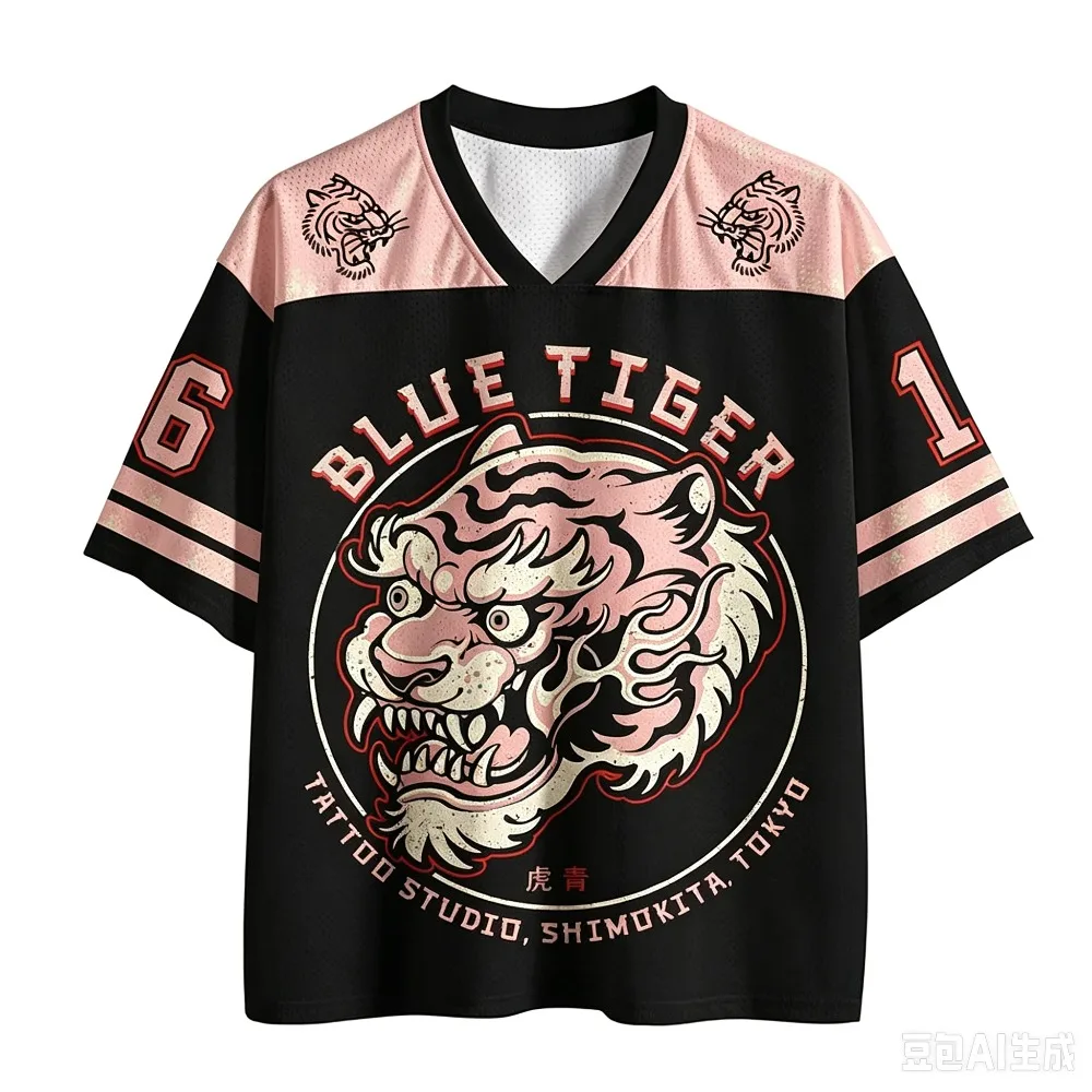Japanischer Blauer Tiger-Print 3D-Druck Schnelltrocknendes Sport-T-Shirt für Männer und Frauen mit V-Ausschnitt, Modisches Streetwear Y2K Eltern-Kind-Kleidung – Detail 7