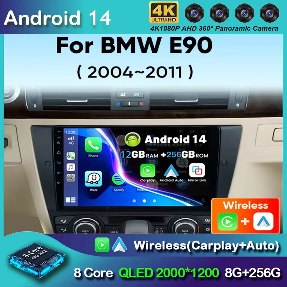 Android 14 Car Radio For BMW 3 Series E90 E91 E92 E93 Multimedia Player Wireless Auto Carplay Qualcomm 4G DSP 48EQ No 2 Din DVD