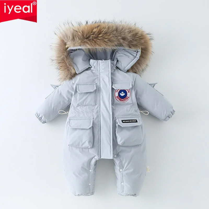 

IYEAL пуховый зимний комбинезон для маленьких мальчиков и девочек, верхняя одежда, новейшая зимняя детская одежда, утепленные теплые комбинезоны из натурального меха с капюшоном