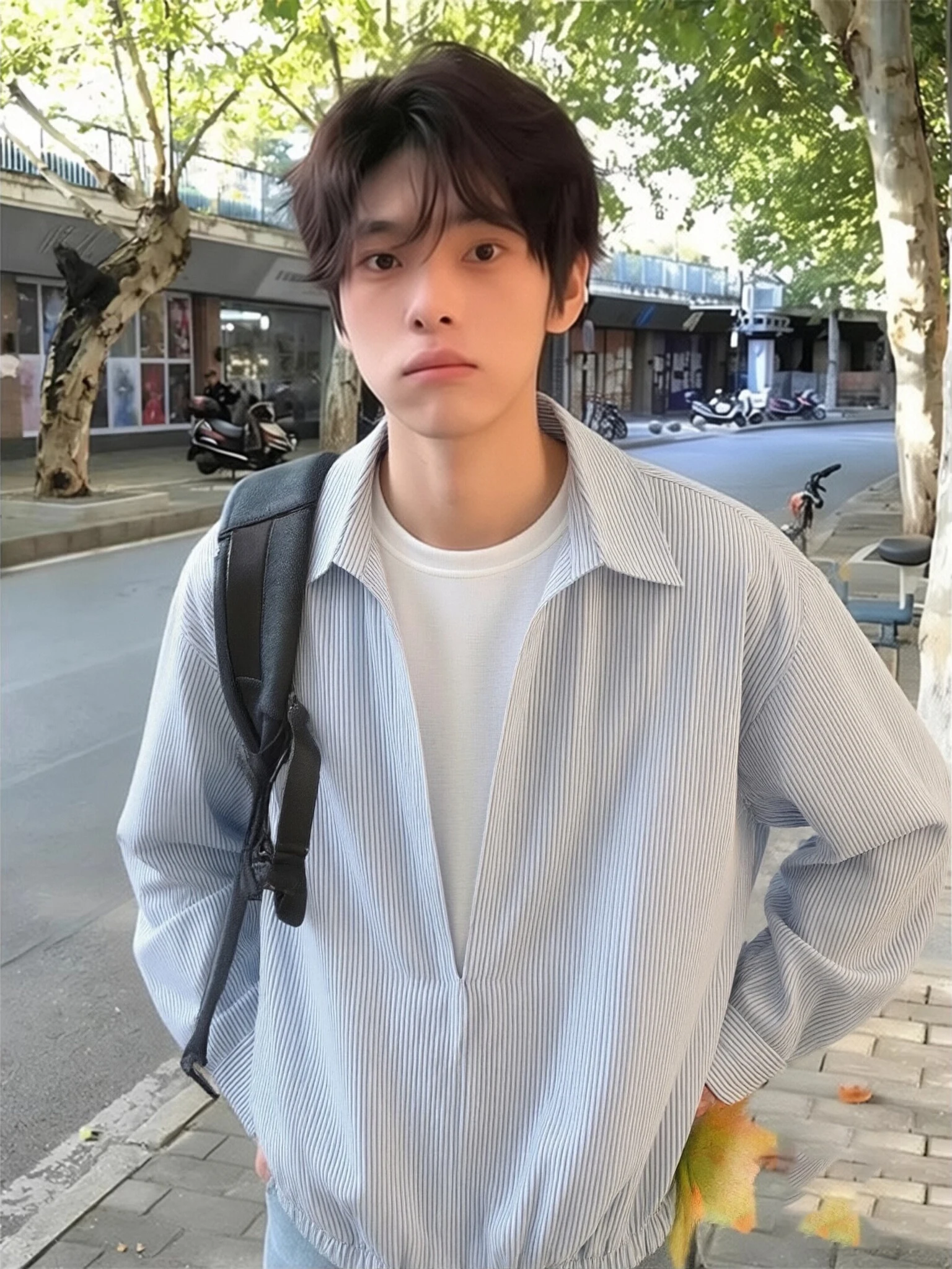 

Мужская рубашка в светло-голубую полоску, весенняя коллекция, в японском стиле, молодежная, с длинным рукавом, имитация двухслойности, приталенный крой, немнущаяся ткань.