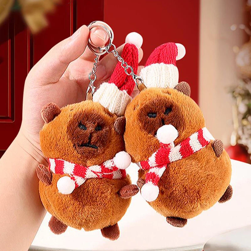 Cute Christmas Woolen Hat Scarf Capybara Keychain Plush Doll Pendant Keychain Backpack Hangings Ornament