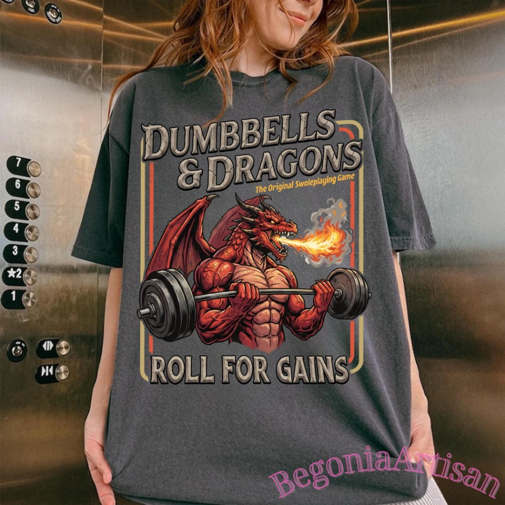 Dumbbells and Dragons Roll for Gains Shirt DnD Gym TShirt D&D Dragons Parody Tee Role Playing Game Workout Shirt