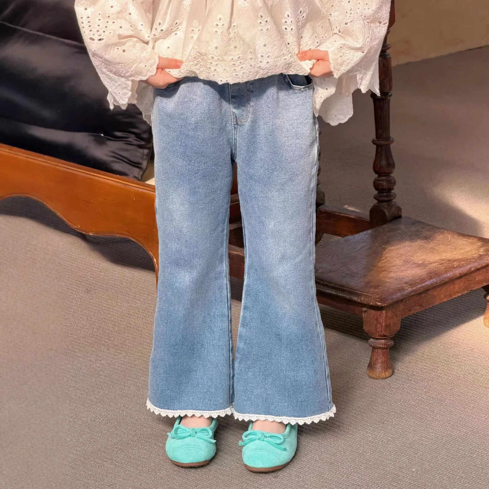 Girls Pants 2026 Spring Summer New Korean Style Casual Lace Versatile Denim Pants for Daily Casual Fashion Wear