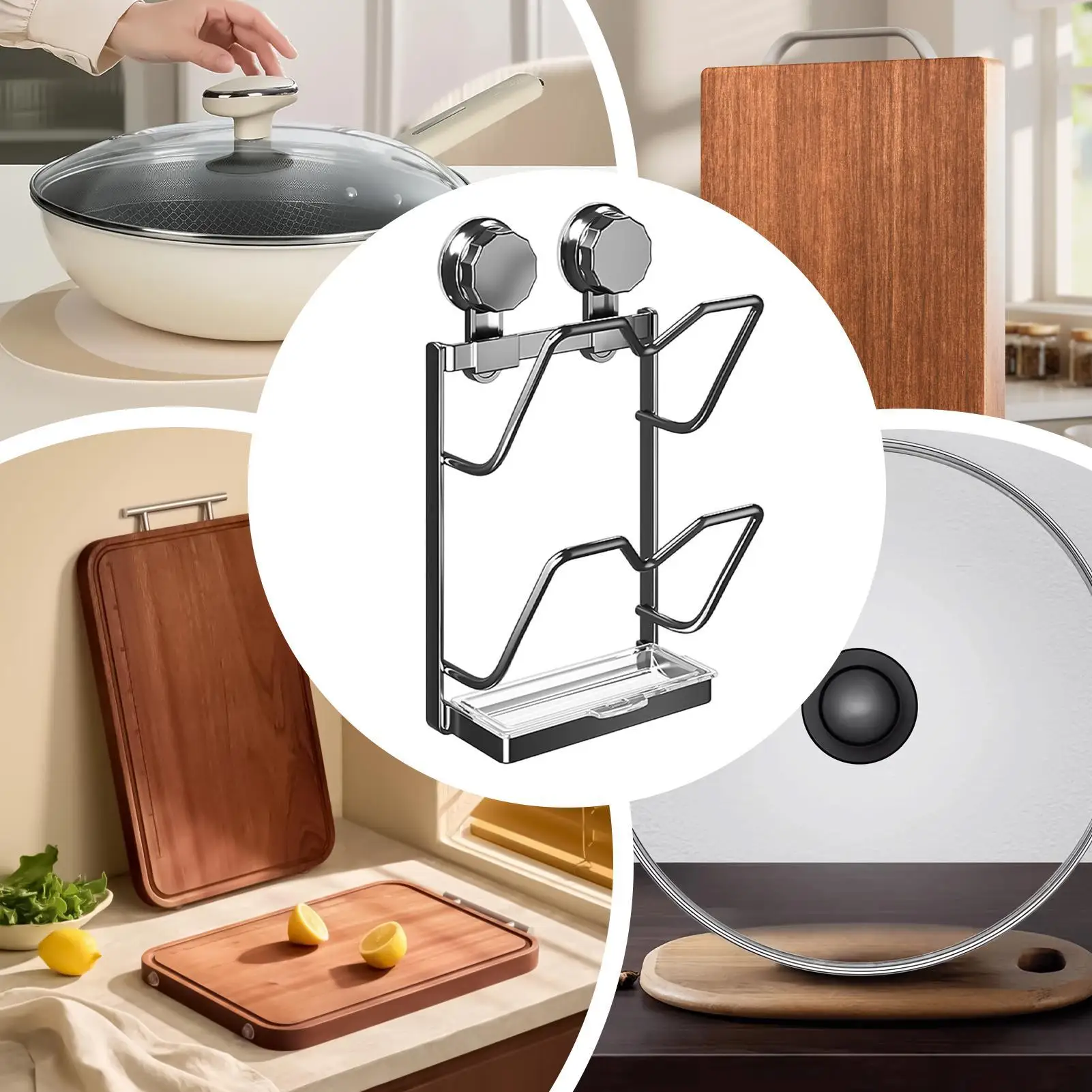 

Suction Cup Pot Lid Holder Wall-Mounted Double-Layer Organization Pot Lid Rack Organizer Holder For Cabinet Pantry Door Cookware