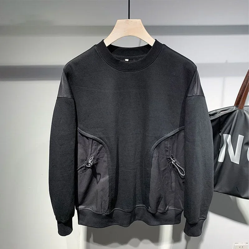 

Fashion Drawstring Large Pocket Shoulder Top Men's Spring and Autumn New Loose Spliced Sweatshirt