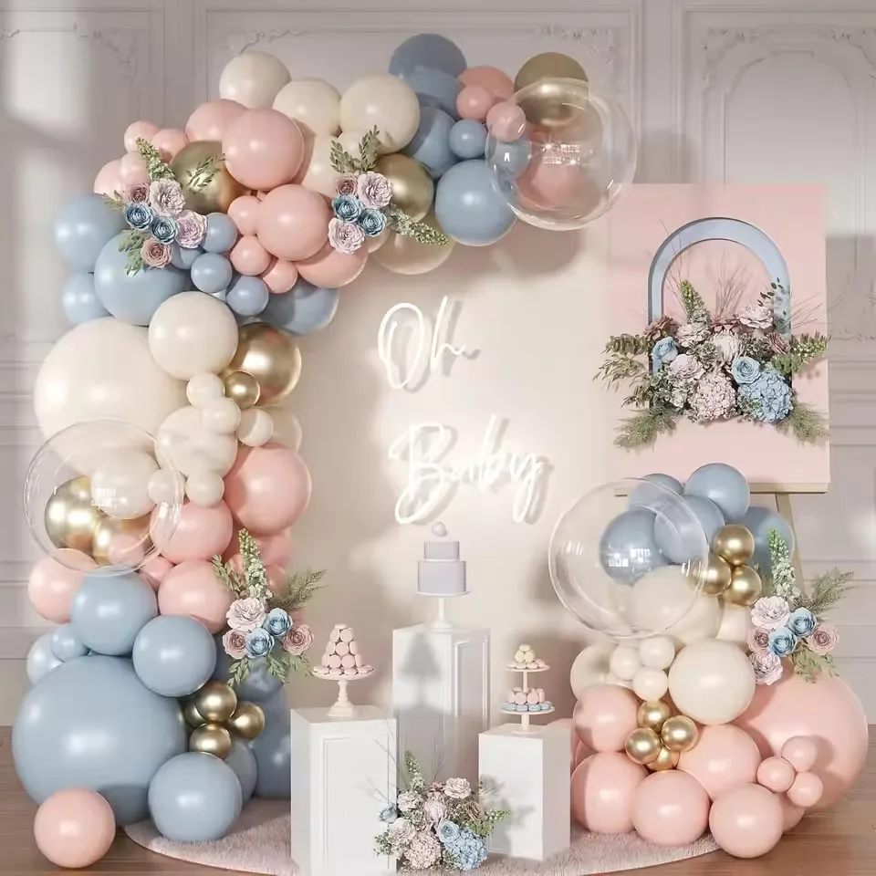 104Pcs Dusty Pink Fog Blue Sand White Clear Balloons Metallic Gold Balloons for Baby Shower Gender Reveal Birthday Party Decor