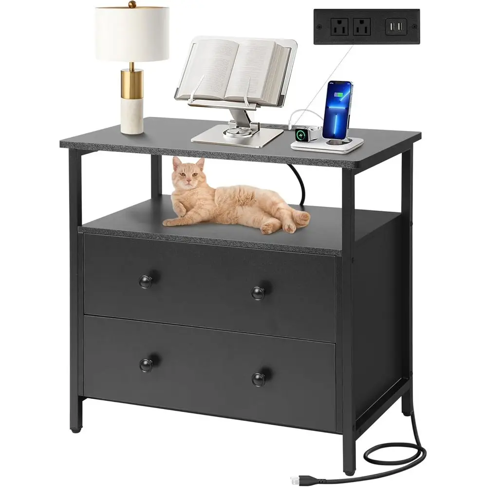 

27 inch Wide Night Stand with Charging Station, Bedside Table with Open Shelf, 2 Drawers Small Wood Dresser, Modern Wood Nightst