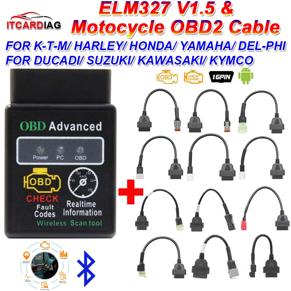 Elm327 V1.5 & Motorfiets Obd2 Kabels Voor Yamaha Voor Honda Voor Ducati Voor Kawasaki Voor Suzuki Efi Motobike Fout Diagnose Tool