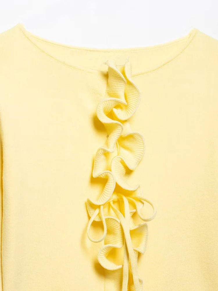 レディース フロントボウタイ シック アウターウェア ファッション ラッフル クロップド ニット カーディガン セーター 長袖トップ