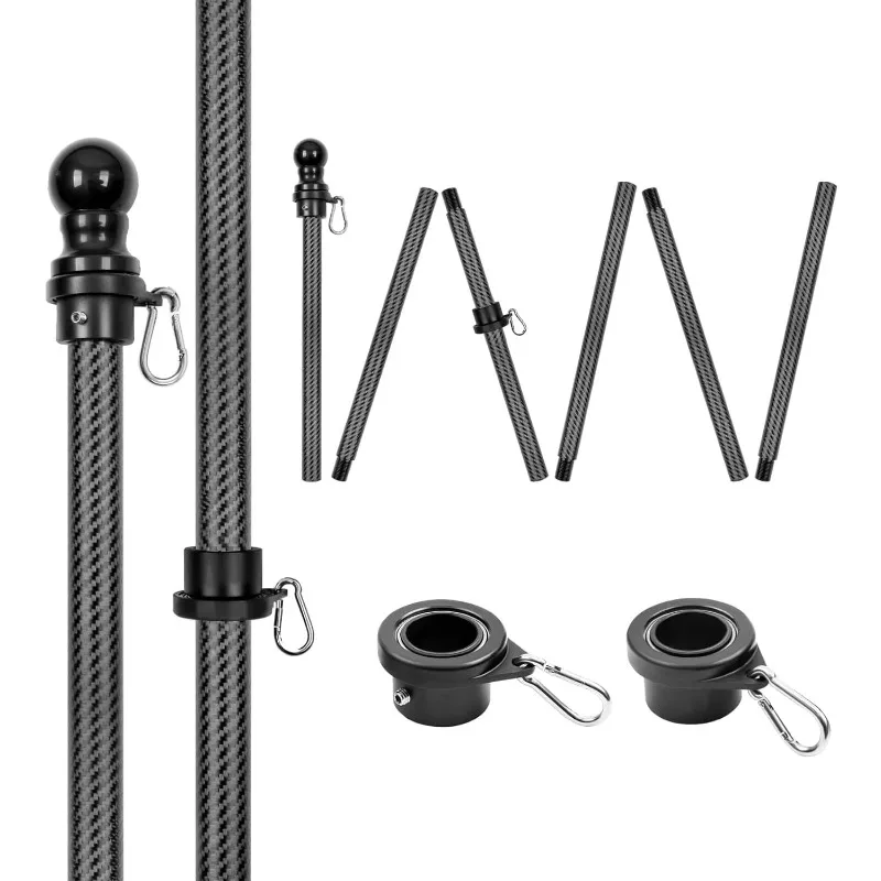 

8 Foot Black Flag Pole 1 Inch Carbon Fiber Flag Pole for House Porch with Built-in Smooth Bearings Spinners 6 Sections