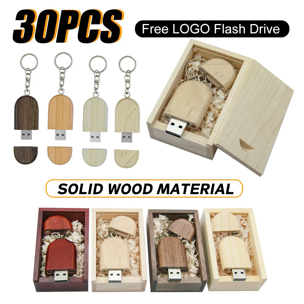 Clé USB en bois avec boîte, clé USB 2.0, 4 Go, 8 Go, 16 Go, 32 Go, 64 Go, mémoire, LOGO personnel, disque U créatif, 30 pièces par lot