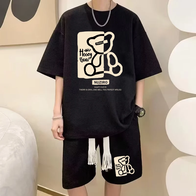 

Модные мужские спортивные костюмы Свободные комплекты в американском стиле Футболки с крутым принтом Шорты Комплект из 2 предметов Летние дышащие спортивные костюмы Новинка 2025 года