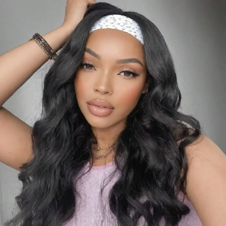 Headband Wig Human Hair Full Machine Made Curly Headband Wig Human Hair Wigs for Women Body Wave Glueless Wig 32 Inches