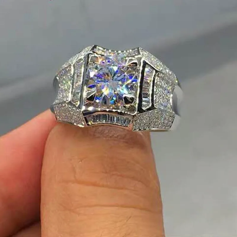 Silver Inlaid White Round Zircon, Micro Paved Full Diamonds, Luxurious Fashion Wedding Banquet Rings for Men and Women