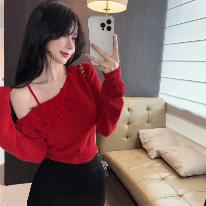 

Autumn Sweater For Women Red Retro Long Sleeve Knitted Top Lady Off Shoulder Sexy Three Dimensional Flowers Chic Sweet Sweater's