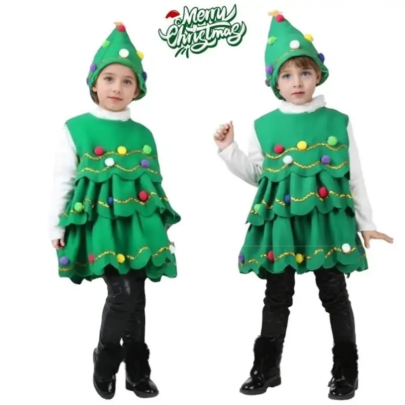 

2025 Childrens Christmas Tree Dress Cosplay Costume for Girl Boy Party 2 Pieces Set Green Sleeveless Plush Ball Tops and Hat Set