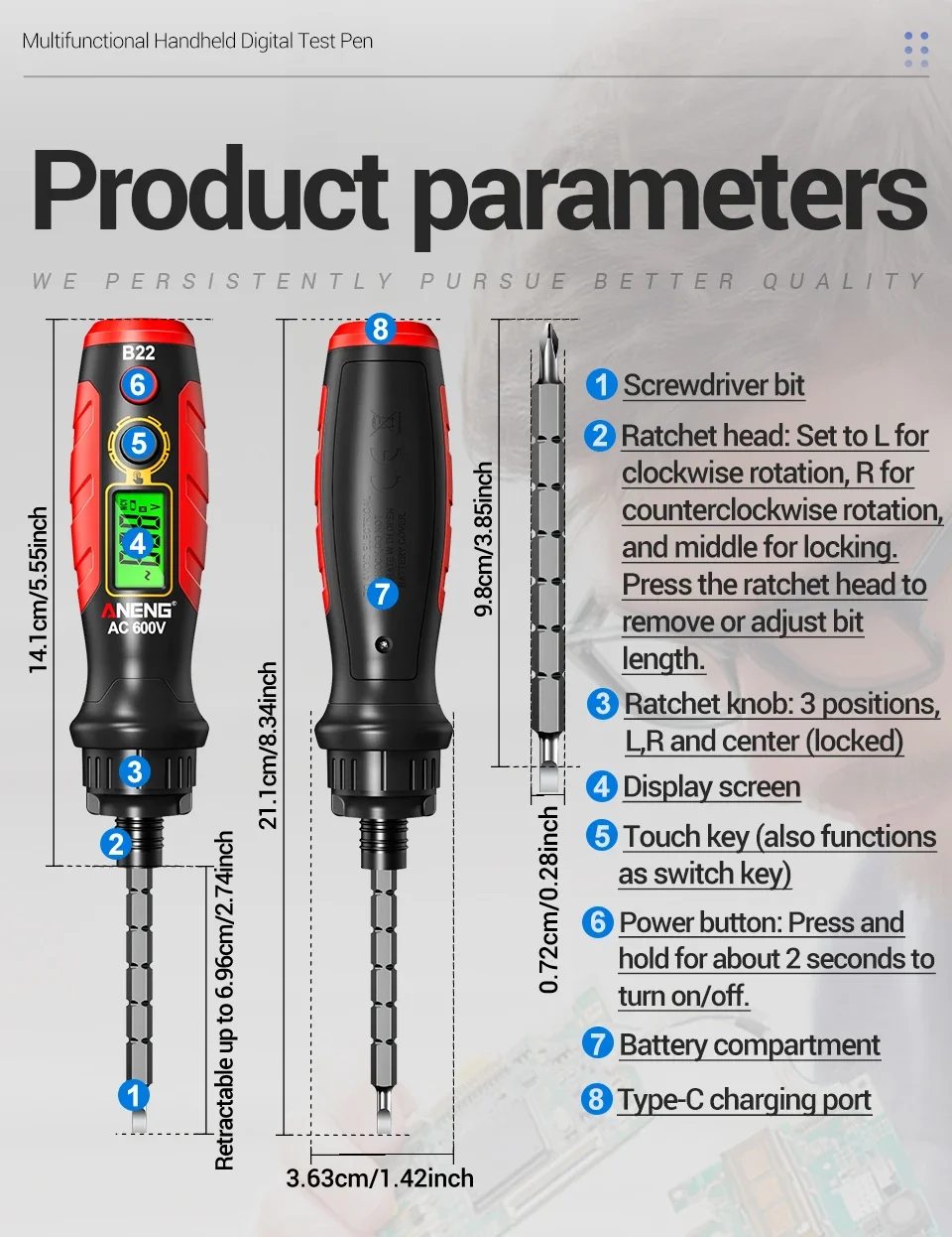 ANENG B22 Berührungsloser Spannungsdetektor-Stift, wiederaufladbarer AC-Spannungstester 30~1000V, intelligenter Unterbrechungspunkt-Finder, elektrische Anzeige – Detail 12