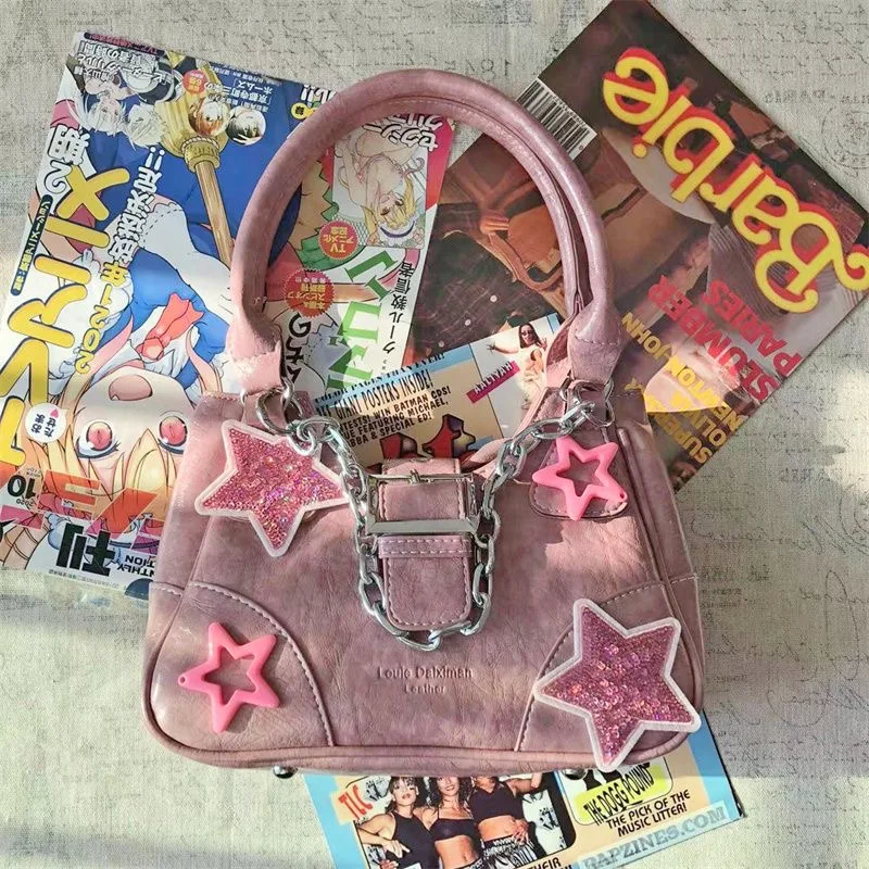 Y2k borsa a tracolla rosa da donna con motivo a stella borse a tracolla in pelle PU con catena borsa a tracolla Cool Girl Hiphop Sytle nuovo