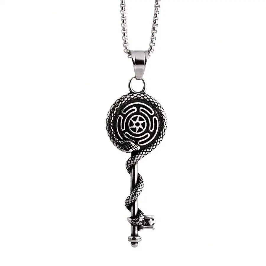 

Stainless Steel Snake Key Pendant Necklace With Labyrinth Wheel Design Pagan Wiccan Talisman