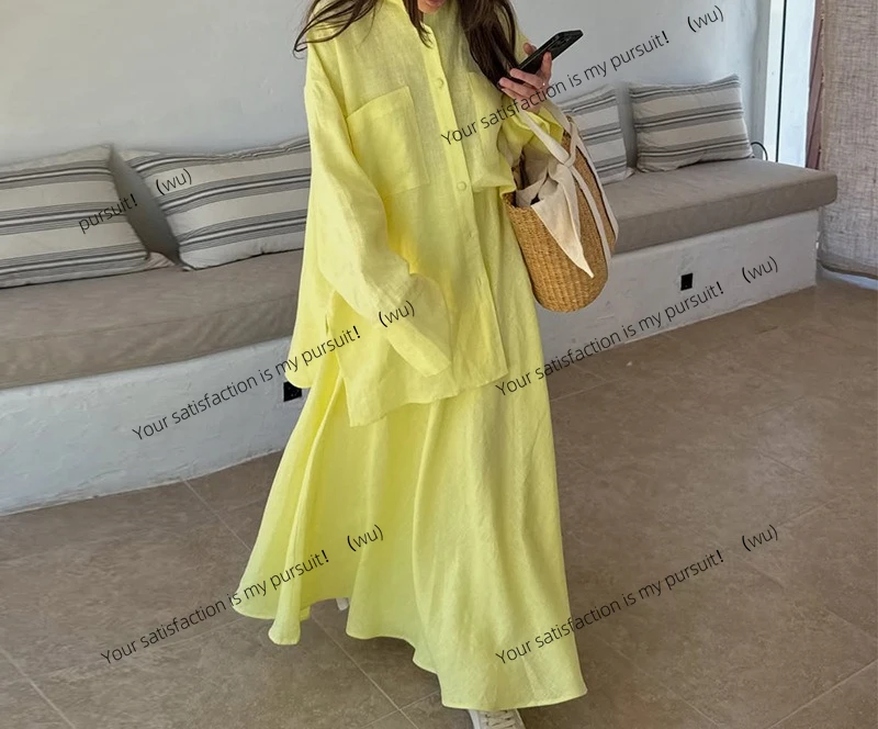 

Женская 2025 повседневная свободная рубашка с длинными рукавами, юбка, модный желтый костюм.