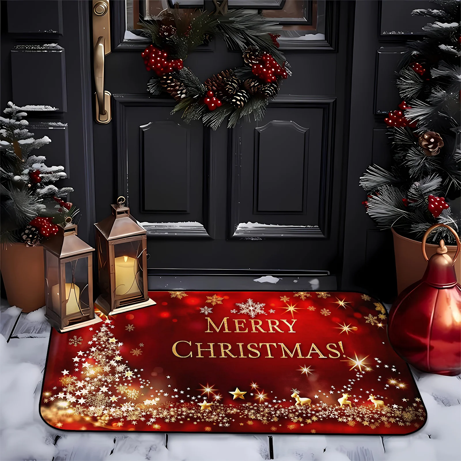 VIKAMA Christmas Doormat Non‑Slip Front Door Rug Washable Indoor Outdoor Xmas Golden Letter Snowflake Holiday Mat