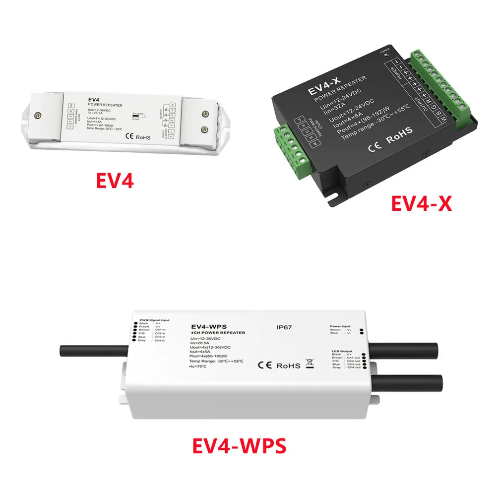 

4 channel constant voltage power repeater EV4-X DC12-24V for single color/dual color/RGB/RGBW constant voltage LED strip module