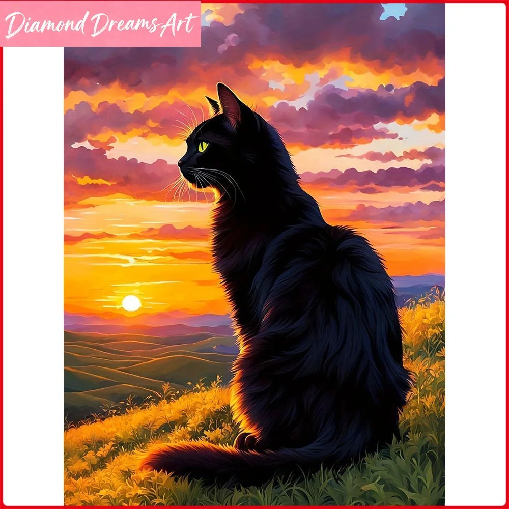 Vollständiges Diamant-Gemälde Katze bei Sonnenuntergang, Diamant-Mosaik Tier-Landschaft, Neue Kollektion Strass-Bilder, Rahmenlos