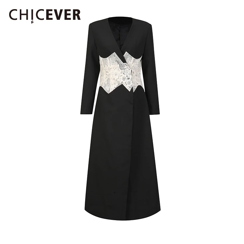 

CHICEVER Black Spliced Lace Chic Jacket Female V Neck Long Sleeve Loose Commute Elegant Women's Jackets Autumn Fashion Style New