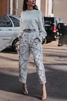 Pullu dekor düz bacak Denim kot kadınlar için yüksek bekleyin zarif rahat cepler Vintage elmas Denim kalem pantolon pantolon