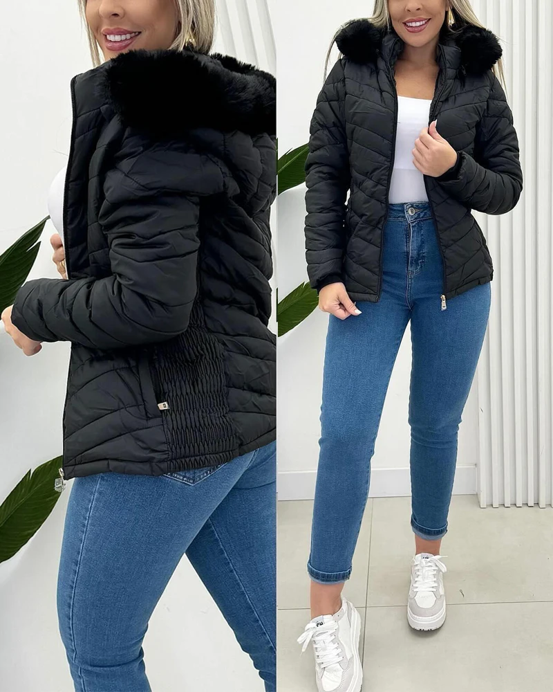 Jaqueta de inverno feminina 2025 novo pelúcia manga comprida casual versátil cor sólida bolso design zíper com capuz fino para baixo jaqueta